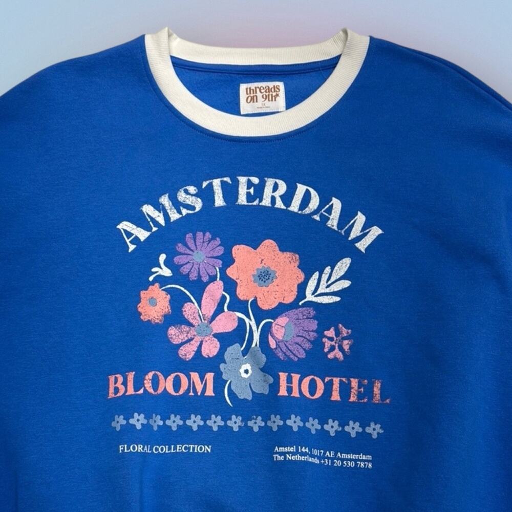 AMSTERDAM BLOOM HOTEL Women’s 1X Blue Crew Sweatshirt